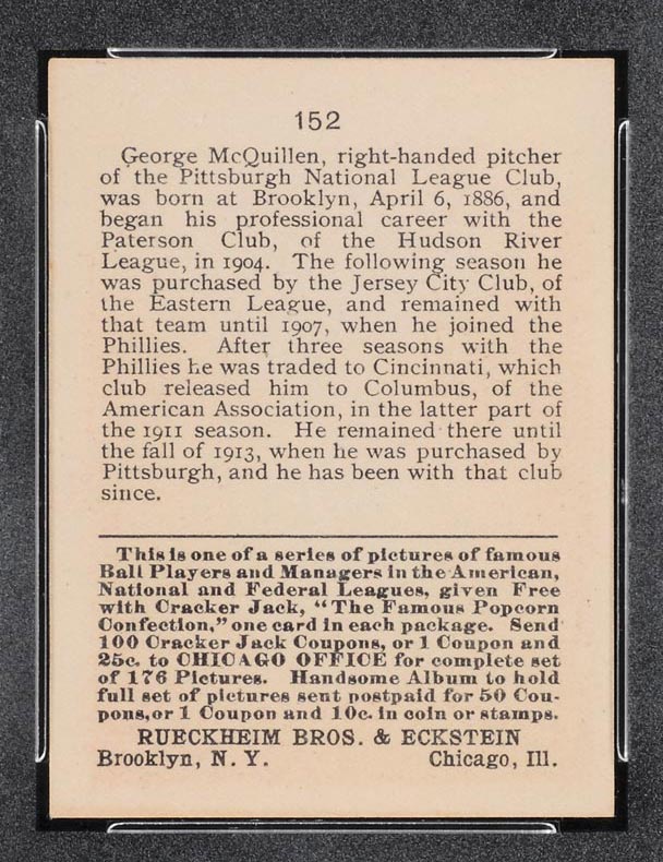 1915 E145-2 Cracker Jack #152 George McQuillen (McQuillan) Pittsburgh (National) - Back