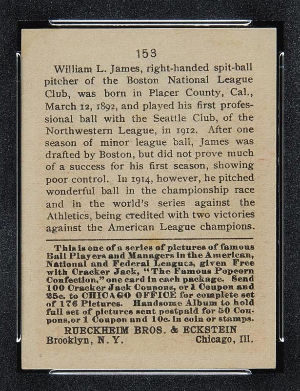 1915 E145-2 Cracker Jack #153 Bill James Boston (National) - Back