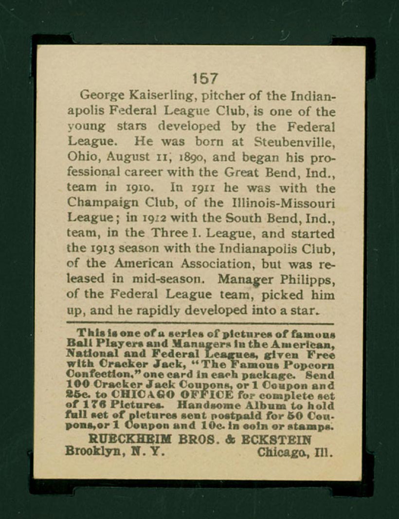 1915 E145-2 Cracker Jack #157 George Kaiserling Indianapolis (Federal) - Back