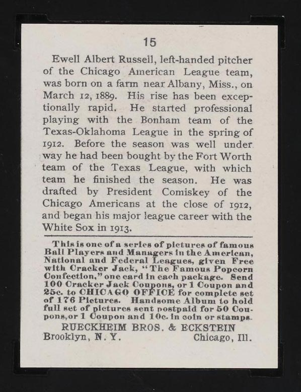 1915 E145-2 Cracker Jack #15 Ewell Russell Chicago (American) - Back