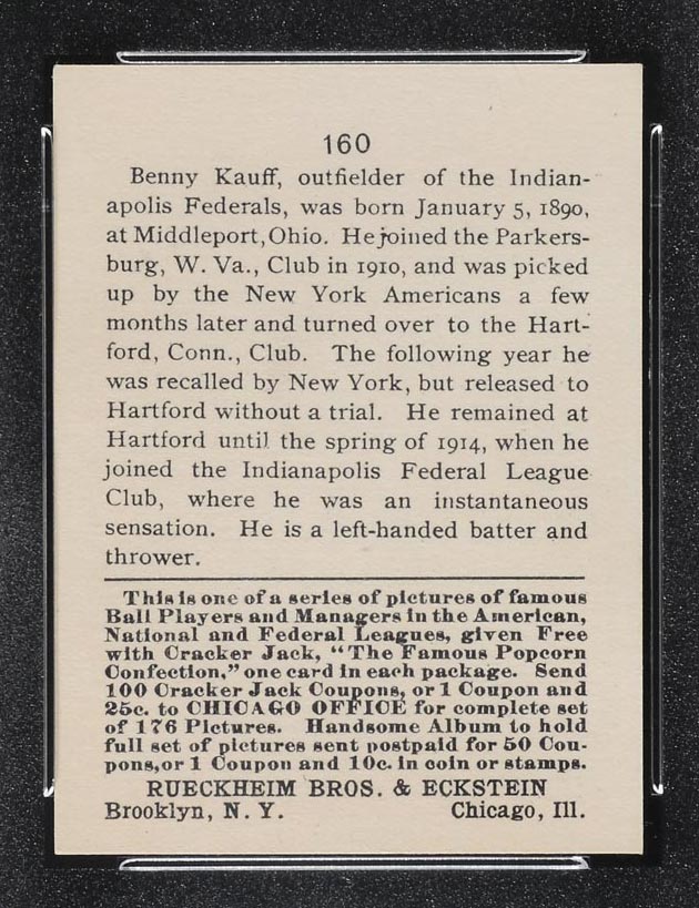 1915 E145-2 Cracker Jack #160 Benny Kauff Indianapolis (Federal) - Back