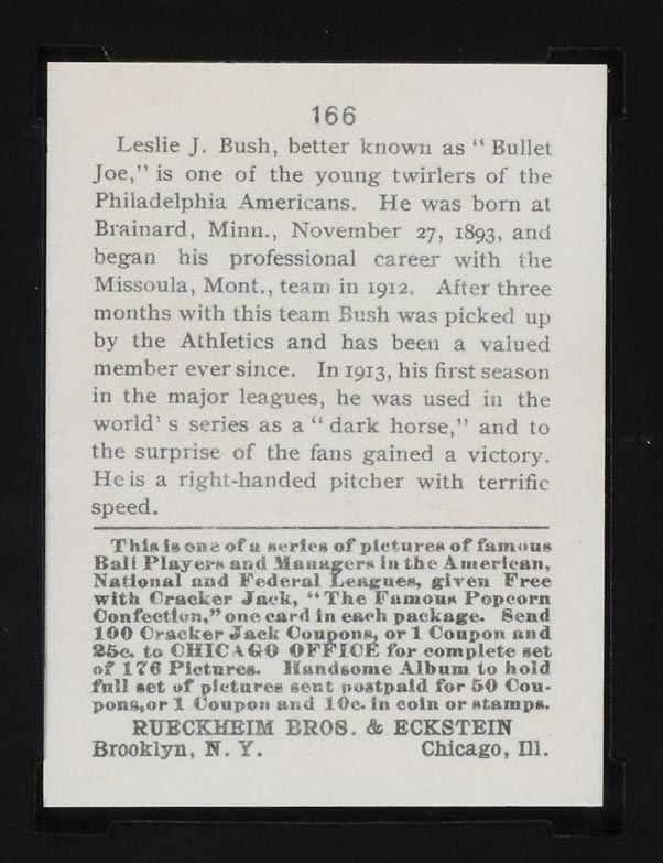 1915 E145-2 Cracker Jack #166 “Bullet” Joe Bush Philadelphia (American) - Back