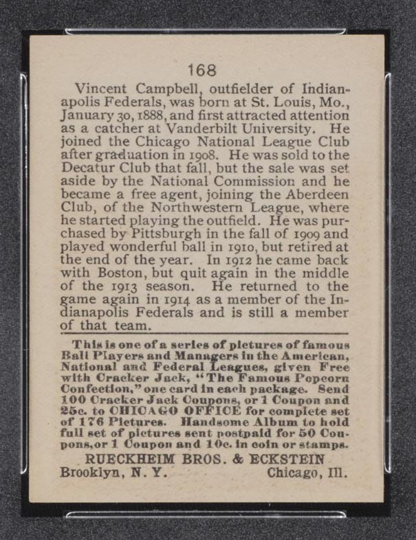 1915 E145-2 Cracker Jack #168 Vin Campbell Indianapolis (Federal) - Back