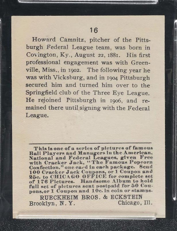 1915 E145-2 Cracker Jack #16 Howie Camnitz Pittsburgh (Federal) - Back