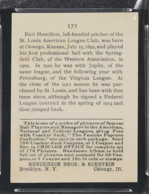 1915 E145-2 Cracker Jack #171 Earl Hamilton St. Louis (American) - Back