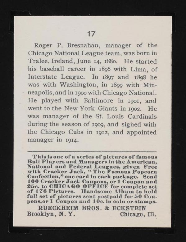 1915 E145-2 Cracker Jack #17 Roger Bresnahan Chicago (National) - Back
