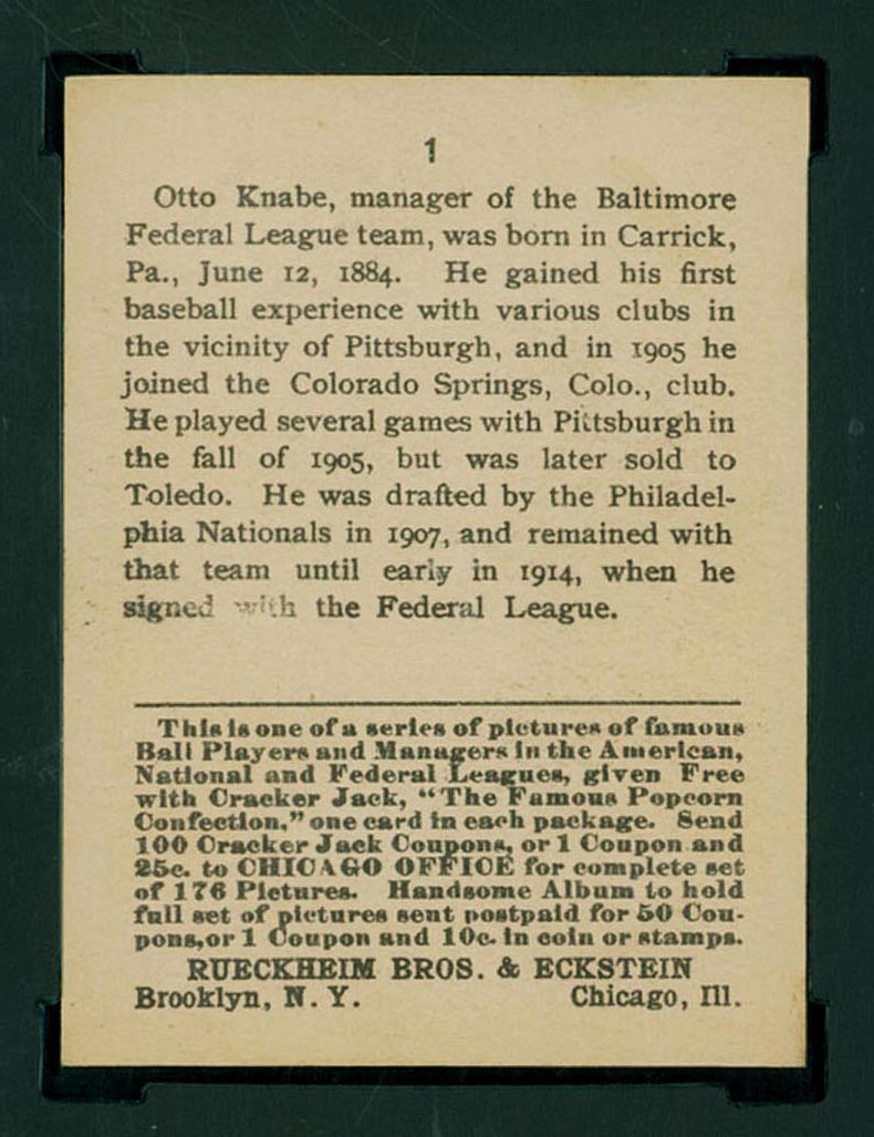 1915 E145-2 Cracker Jack #1 Otto Knabe Baltimore (Federal) - Back