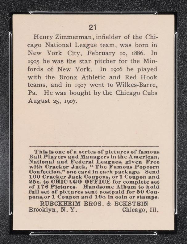 1915 E145-2 Cracker Jack #21 Henry Zimmerman Chicago (National) - Back