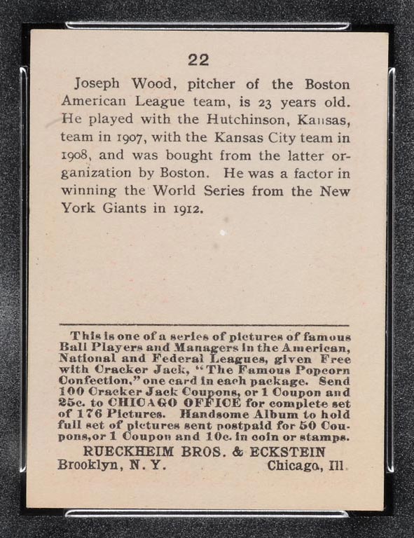 1915 E145-2 Cracker Jack #22 Joe Wood Boston (American) - Back