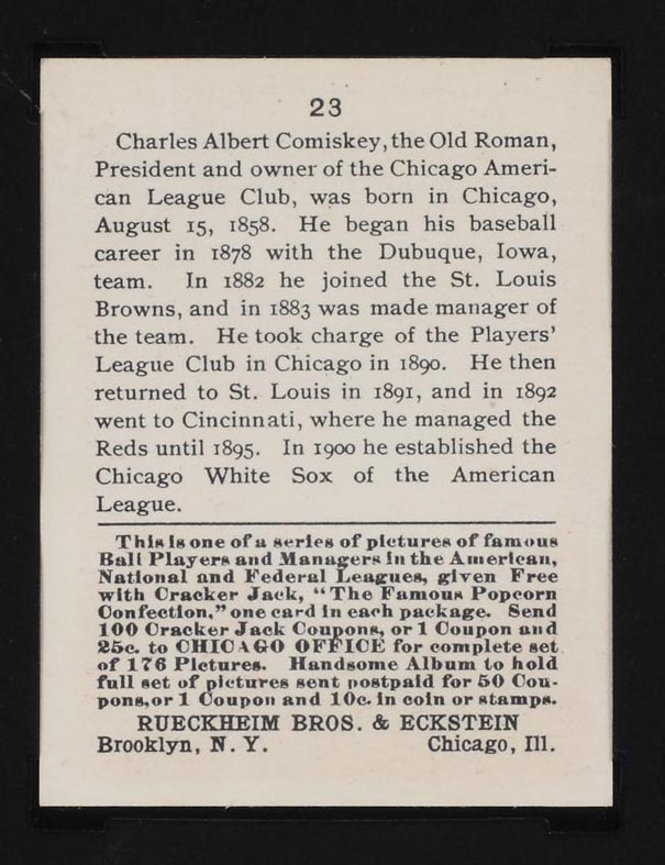 1915 E145-2 Cracker Jack #23 Charles Comiskey (Owner) Chicago (American) - Back