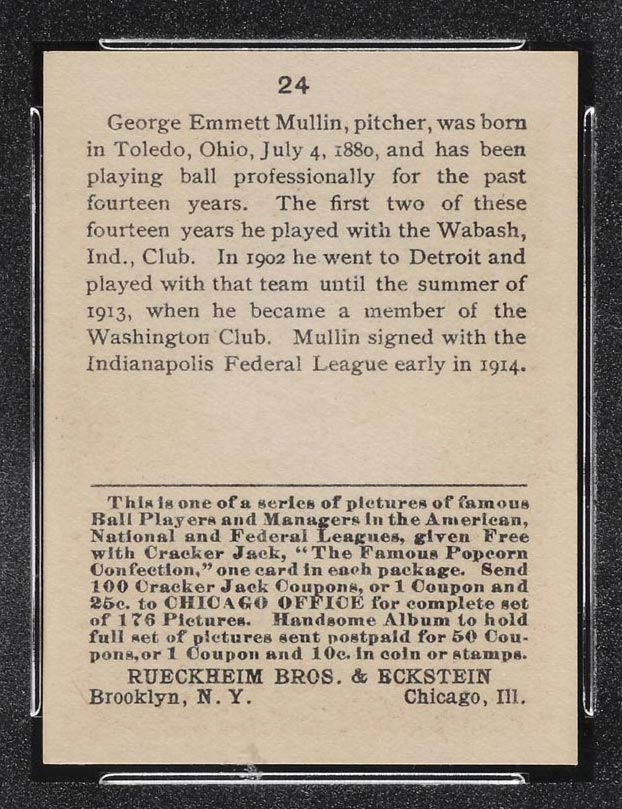 1915 E145-2 Cracker Jack #24 George Mullen (Mullin) Indianapolis (Federal) - Back