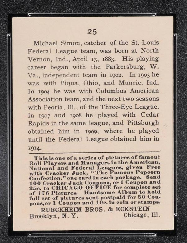 1915 E145-2 Cracker Jack #25 Michael Simon St. Louis (Federal) - Back