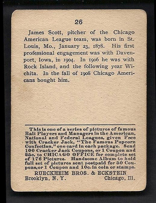 1915 E145-2 Cracker Jack #26 James Scott Chicago (American) - Back