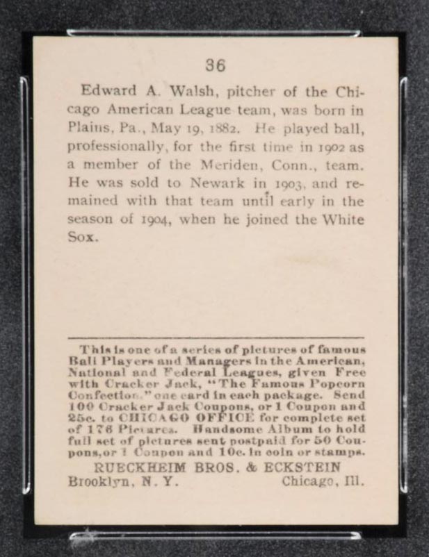 1915 E145-2 Cracker Jack #36 Ed Walsh Chicago (American) - Back