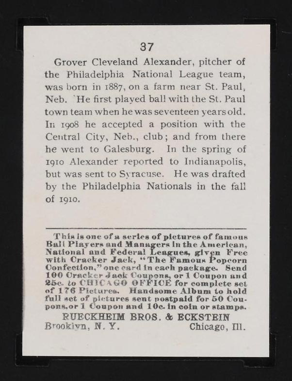 1915 E145-2 Cracker Jack #37 Grover Alexander Philadelphia (National) - Back