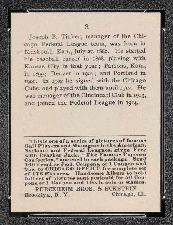 1915 E145-2 Cracker Jack #3 Joe Tinker Chicago (Federal) - Back