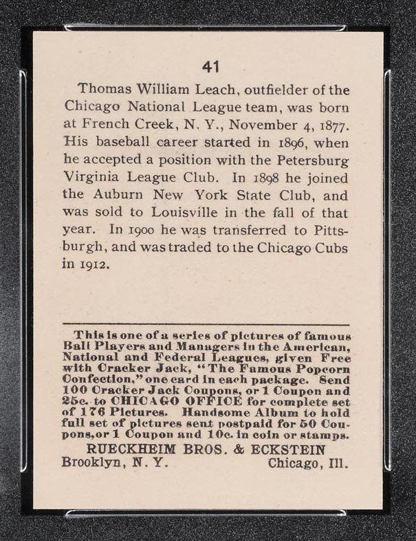 1915 E145-2 Cracker Jack #41 Thomas Leach Chicago (National) - Back