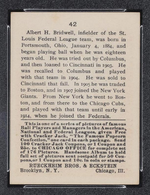 1915 E145-2 Cracker Jack #42 Al Bridwell St. Louis (Federal) - Back