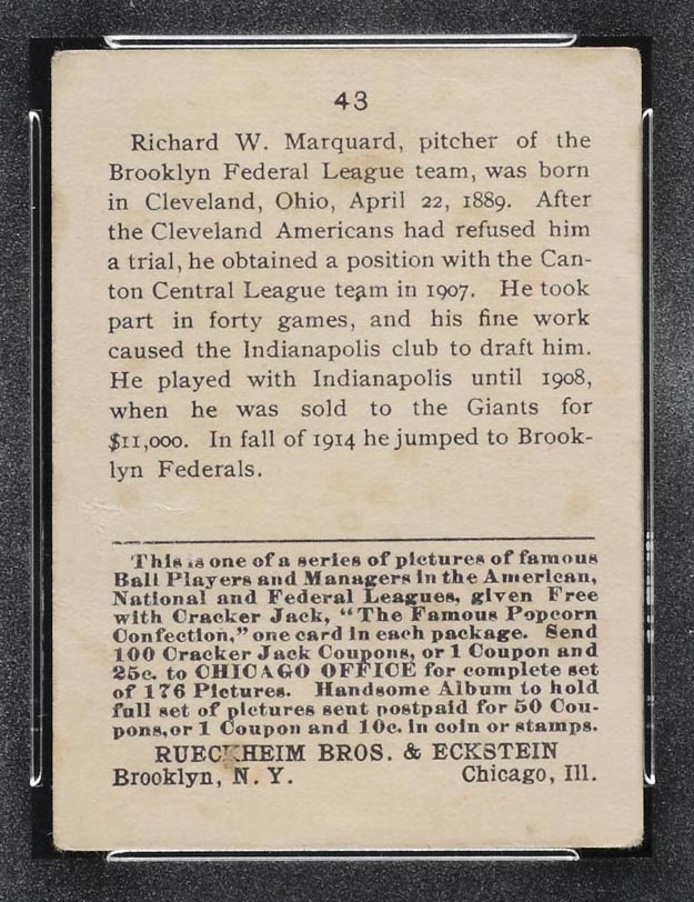 1915 E145-2 Cracker Jack #43 Richard Marquard New York (National) - Back