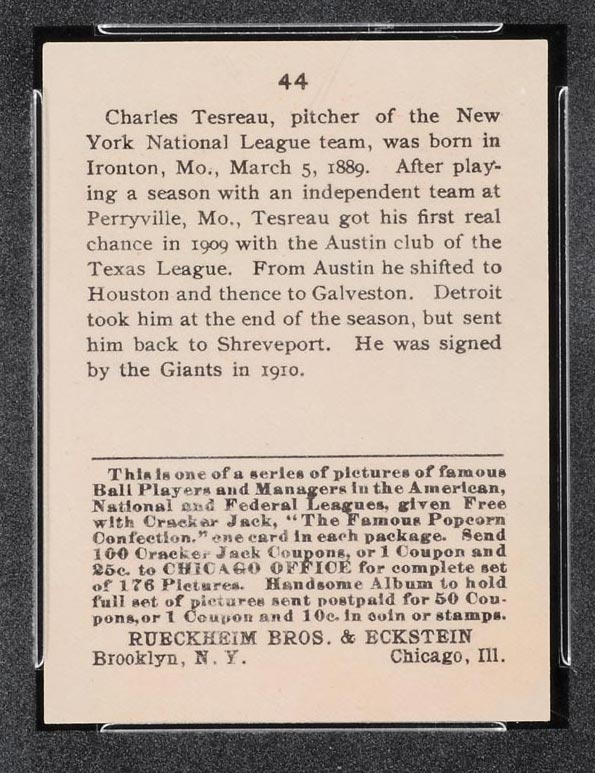 1915 E145-2 Cracker Jack #44 Charles Tesreau New York (National) - Back