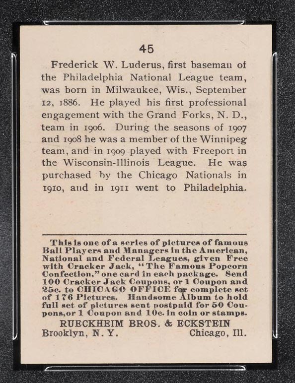 1915 E145-2 Cracker Jack #45 Fred Luderus Philadelphia (National) - Back