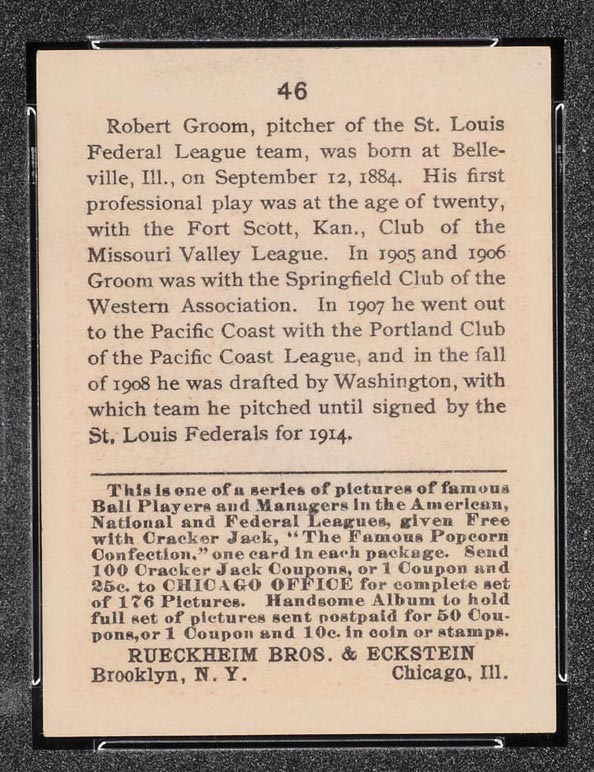 1915 E145-2 Cracker Jack #46 Bob Groom St. Louis (Federal) - Back