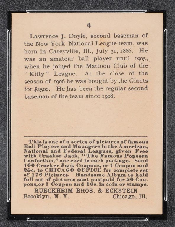 1915 E145-2 Cracker Jack #4 Larry Doyle New York (National) - Back