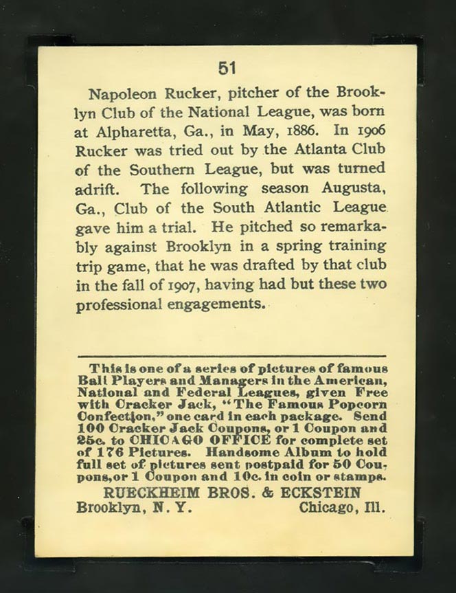 1915 E145-2 Cracker Jack #51 Napoleon Rucker Brooklyn (National) - Back