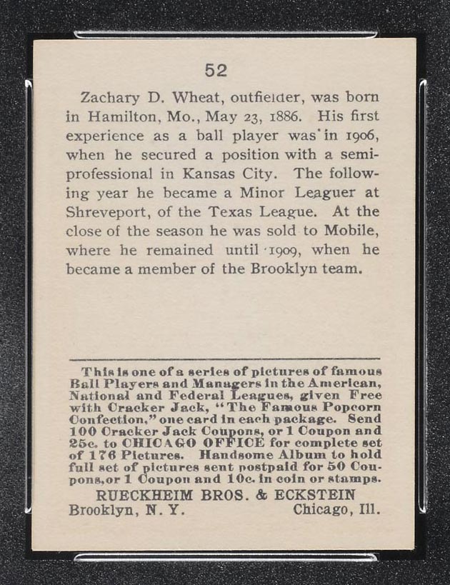 1915 E145-2 Cracker Jack #52 Zach Wheat Brooklyn (National) - Back