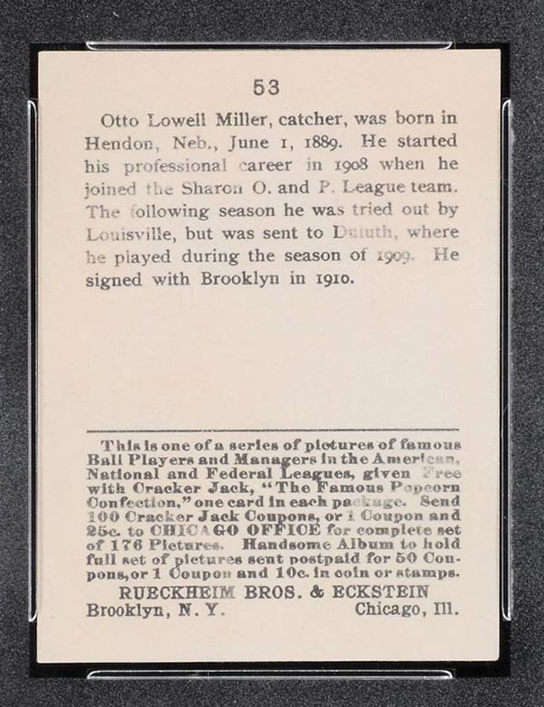 1915 E145-2 Cracker Jack #53 Otto Miller Brooklyn (National) - Back