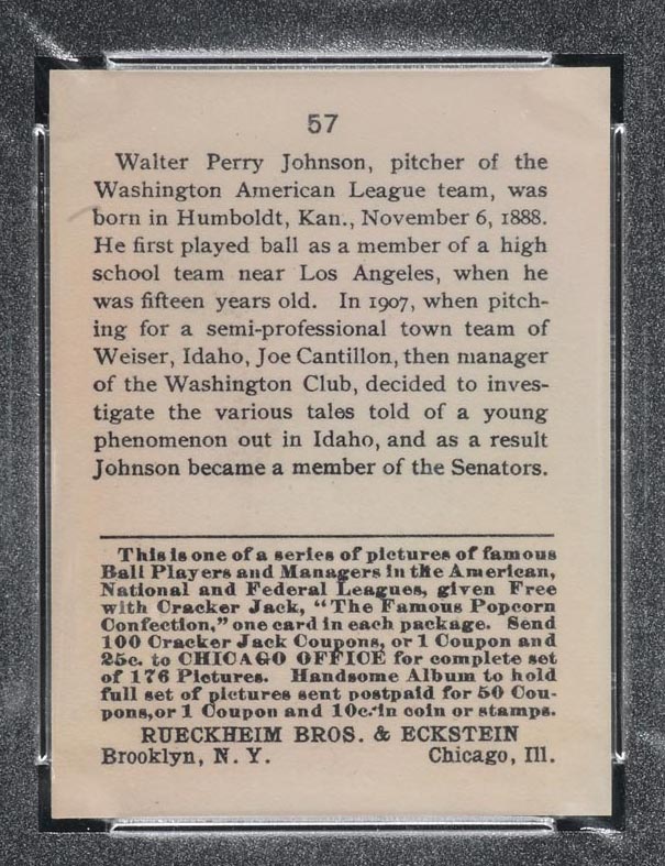 1915 E145-2 Cracker Jack #57 Walter Johnson Washington (American) - Back