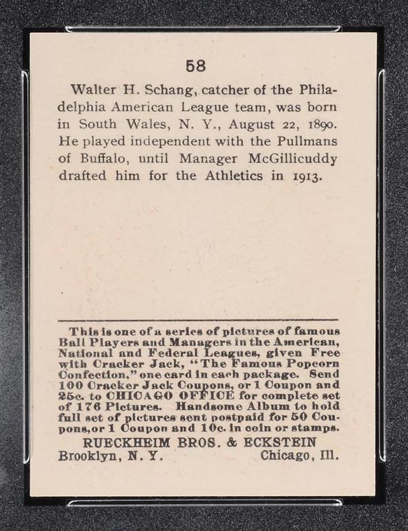 1915 E145-2 Cracker Jack #58 Walter Schang Philadelphia (American) - Back