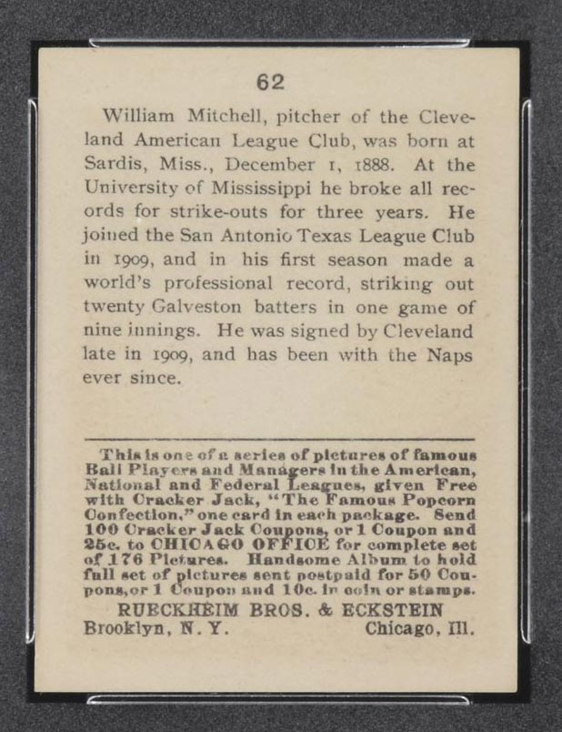 1915 E145-2 Cracker Jack #62 Willie Mitchell Cleveland (American) - Back