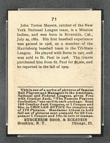 1915 E145-2 Cracker Jack #71 John Meyers New York (National) - Back