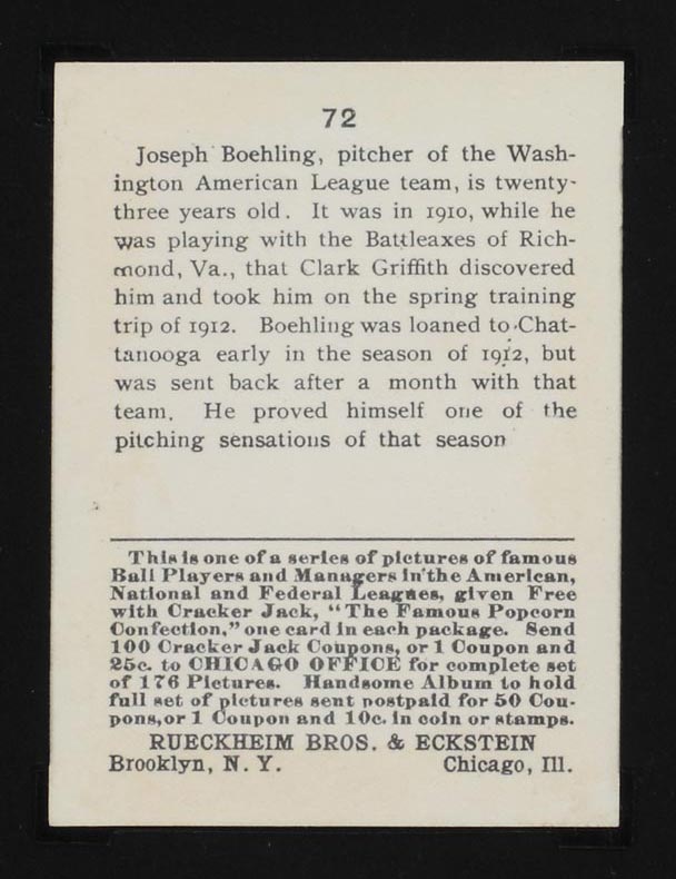 1915 E145-2 Cracker Jack #72 Joseph Boehling Washington (American) - Back