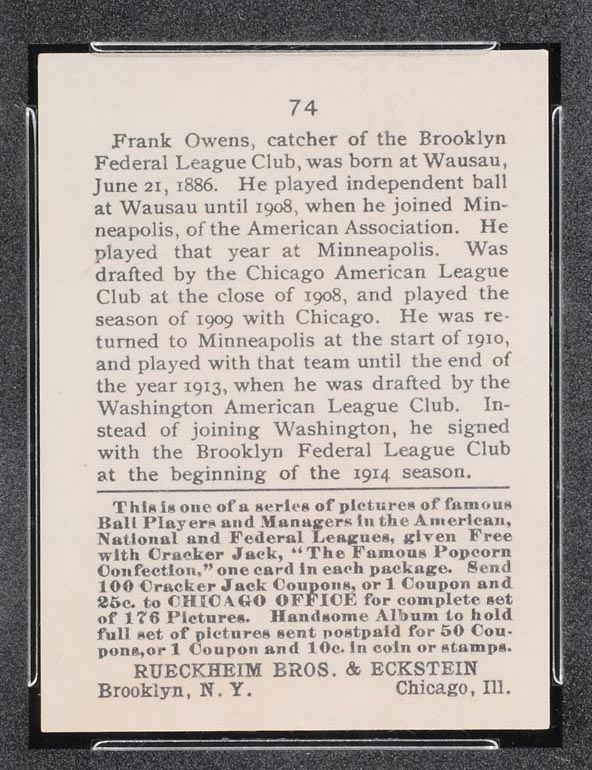 1915 E145-2 Cracker Jack #74 Frank Owens Brooklyn (Federal) - Back