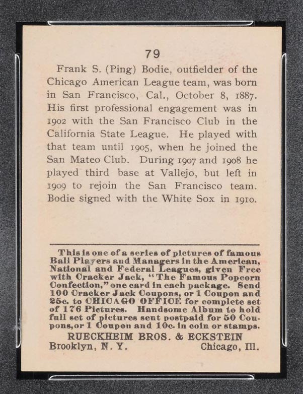 1915 E145-2 Cracker Jack #79 Ping Bodie Chicago (American) - Back
