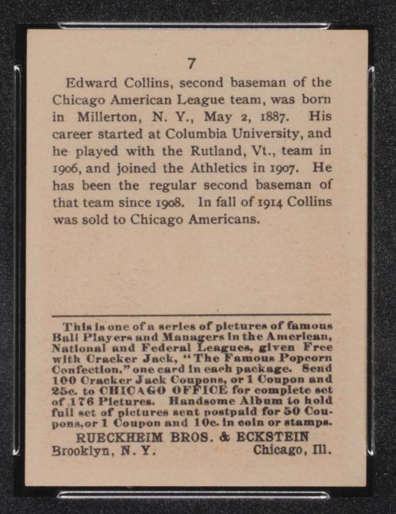 1915 E145-2 Cracker Jack #7 Edward Collins Philadelphia (American) - Back