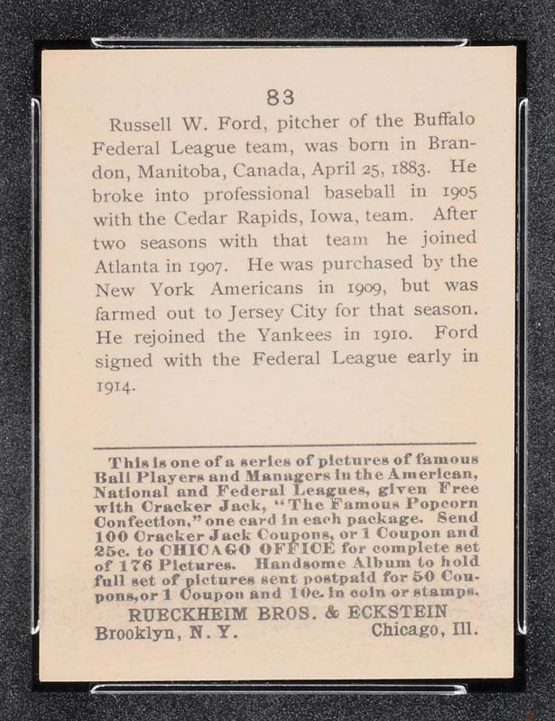 1915 E145-2 Cracker Jack #83 Russ Ford Buffalo (Federal) - Back