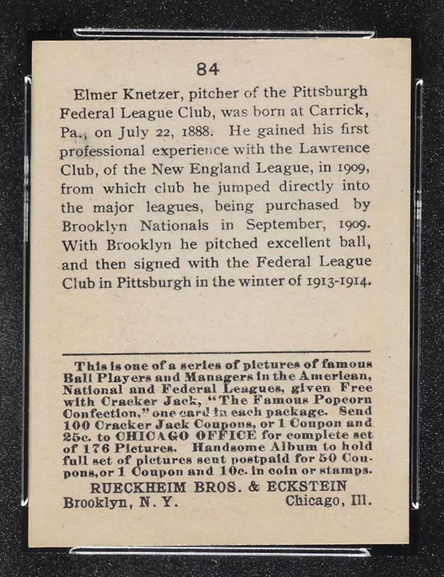 1915 E145-2 Cracker Jack #84 Elmer Knetzer Pittsburgh (Federal) - Back