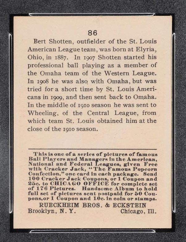 1915 E145-2 Cracker Jack #86 Bert Shotten St. Louis (American) - Back