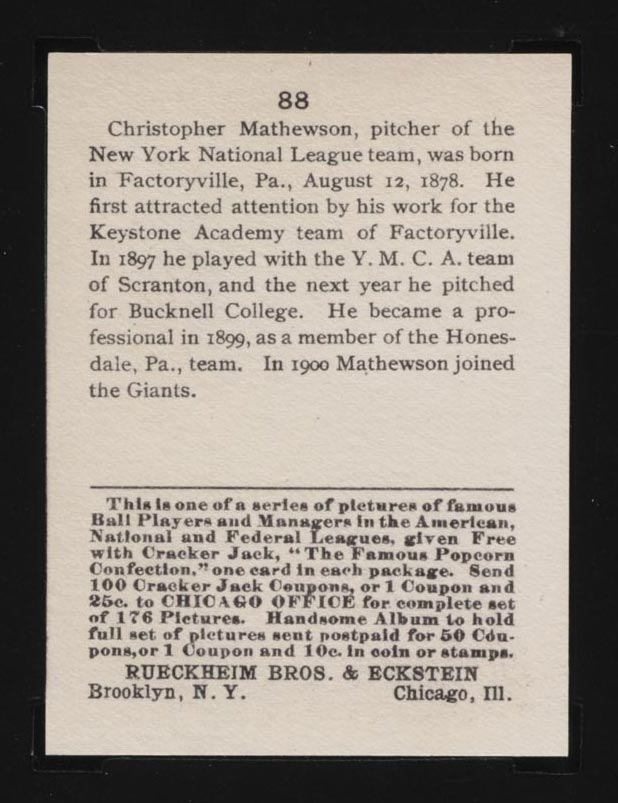 1915 E145-2 Cracker Jack #88 Christy Mathewson New York (National) - Back