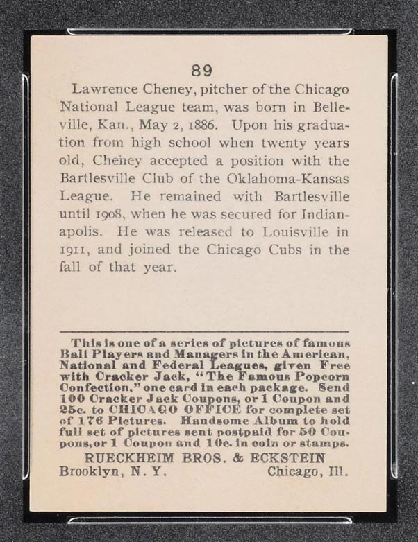 1915 E145-2 Cracker Jack #89 Lawrence Cheney Chicago (National) - Back