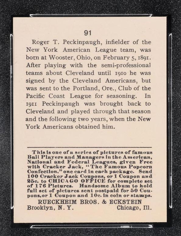 1915 E145-2 Cracker Jack #91 Roger Peckinpaugh New York (American) - Back