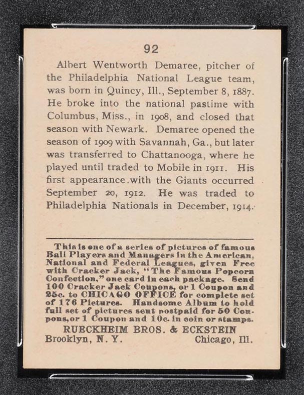 1915 E145-2 Cracker Jack #92 Al Demaree New York (National) - Back