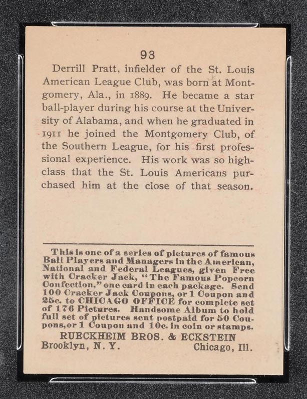 1915 E145-2 Cracker Jack #93 Derrill Pratt St. Louis (American) - Back