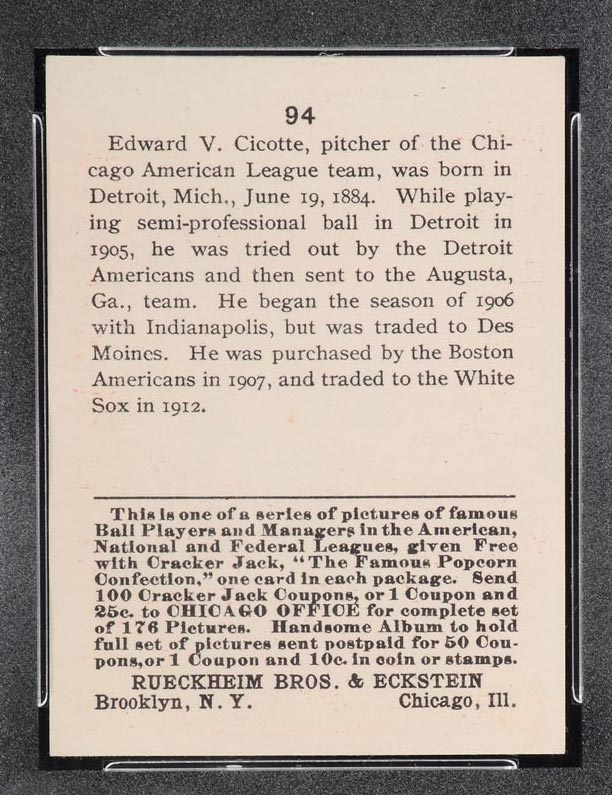 1915 E145-2 Cracker Jack #94 Edward Cicotte Chicago (American) - Back