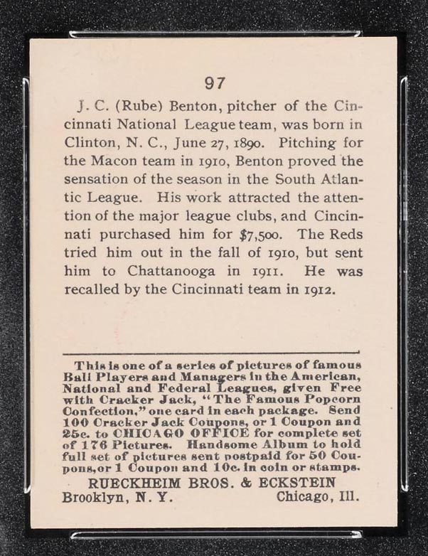 1915 E145-2 Cracker Jack #97 Rube Benton Cincinnati (National) - Back