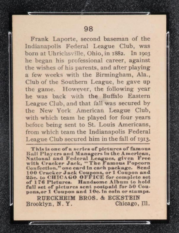 1915 E145-2 Cracker Jack #98 Frank LaPorte Indianapolis (Federal) - Back