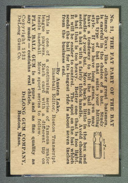 1933 DeLong #21 Jimmy Foxx Philadelphia Athletics - Back